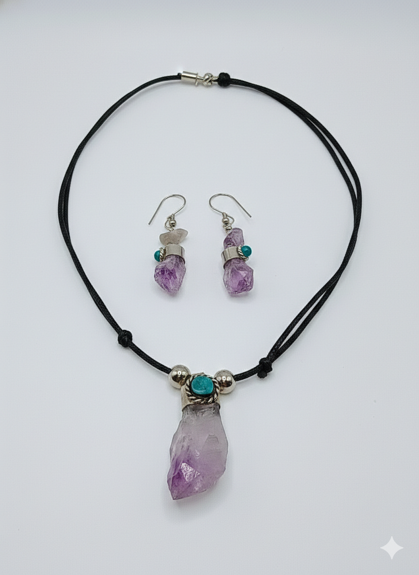 Amethyst Necklace and Earrings Set, Adjustable, Handmade, Natural Stone