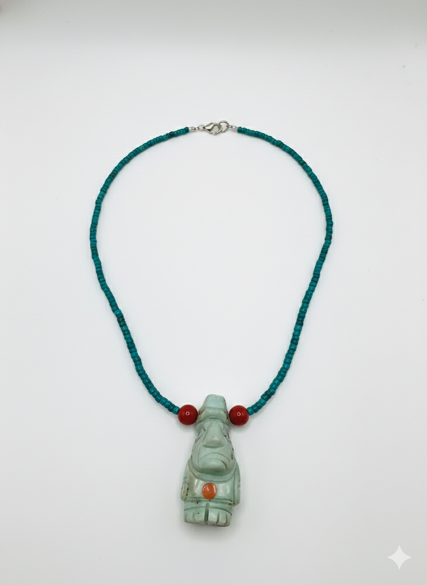 Hand-carved Ancestral Idol Necklace with Natural Stone Beads and Pre-Incan Culture
