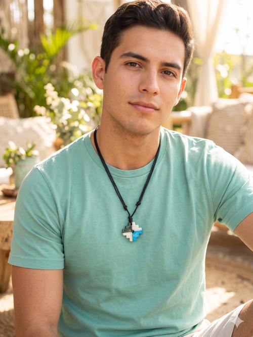 Chakana Inca Necklace, Hand Carved Andean Cross, Natural Stone