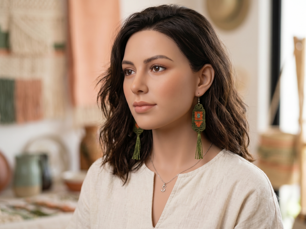 Handmade Macrame Earrings with Geometric Design and Fringe