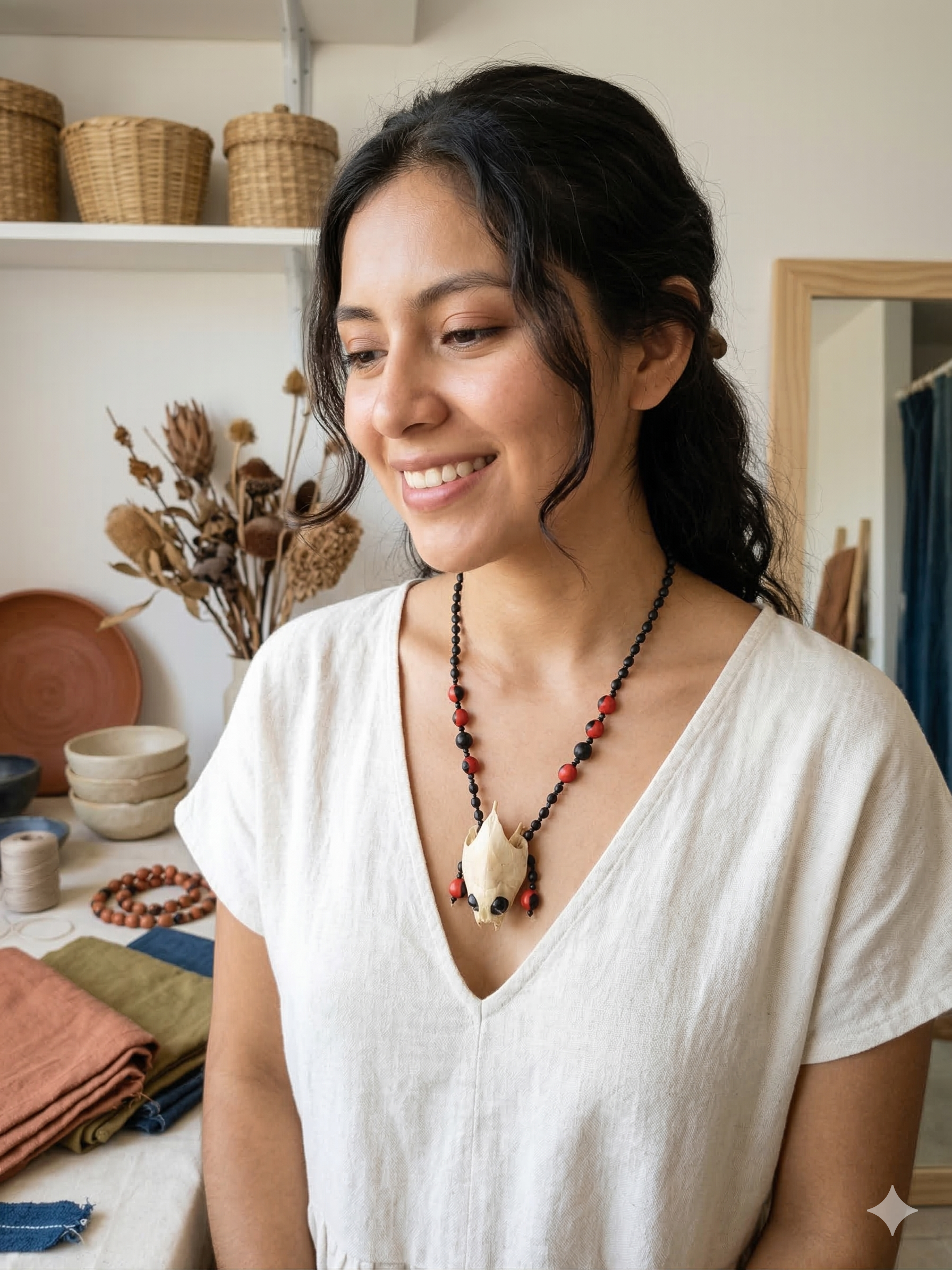 Handmade Shamanic Necklace with Huayruro Seeds and Sacred Turtle Skull