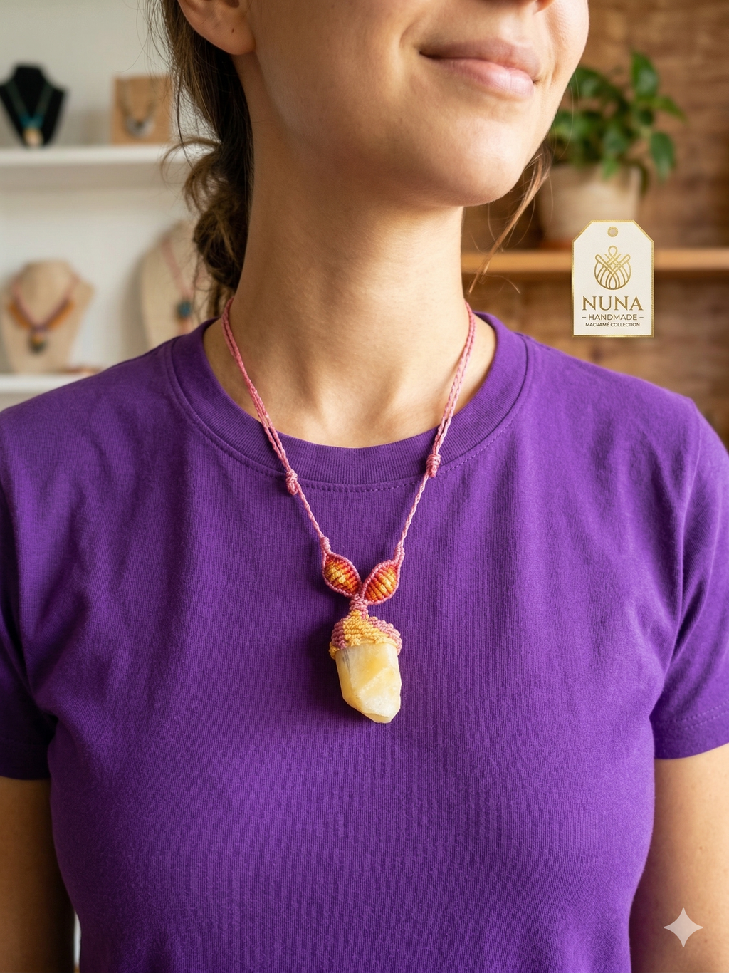 Macrame Necklace with Natural Soapstone, Hand-Woven Spiritual Amulet