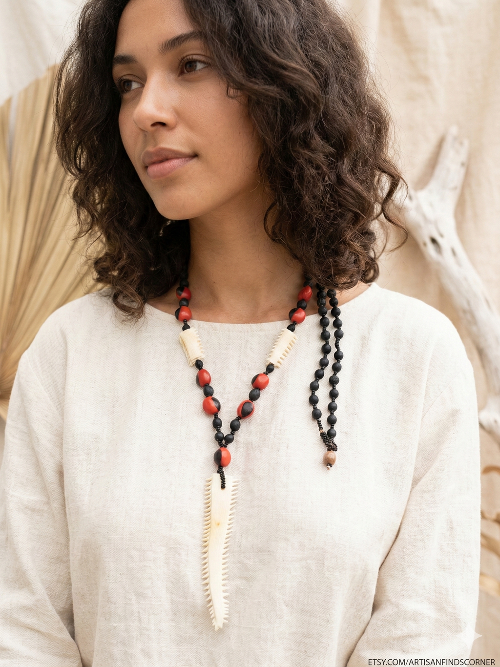 Necklace with Huayruro Seeds and Carved Bone, Handmade Amulet for Protection and Luck