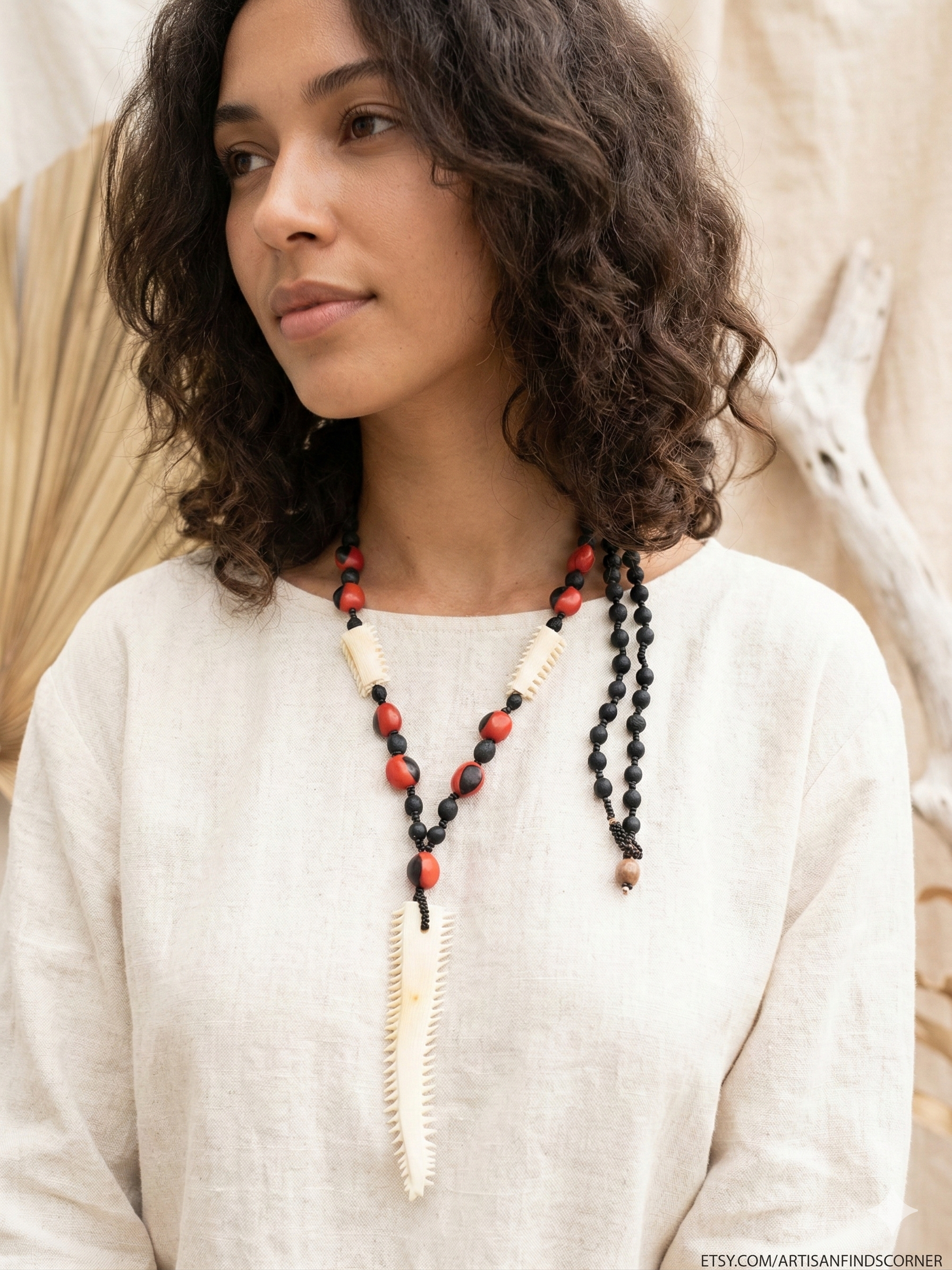Necklace with Huayruro Seeds and Carved Bone, Handmade Amulet for Protection and Luck