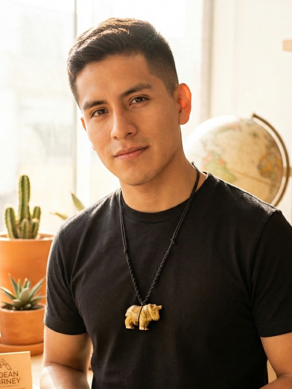 Hand-carved Palo Santo necklace with a handmade bull pendant, amulet for strength and protection.