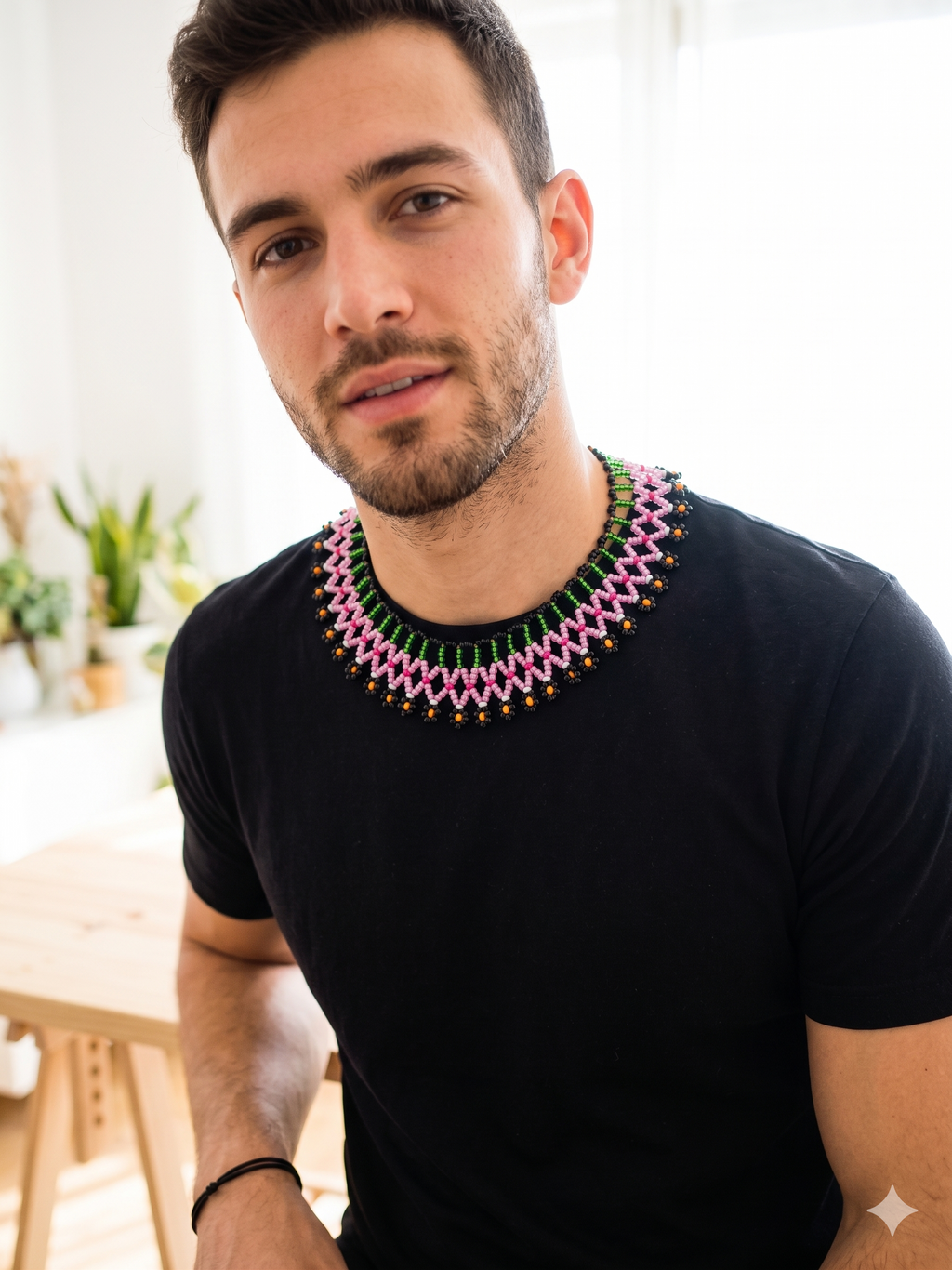 Handmade Beaded Choker Necklace with Multicolored Flowers and Fringe
