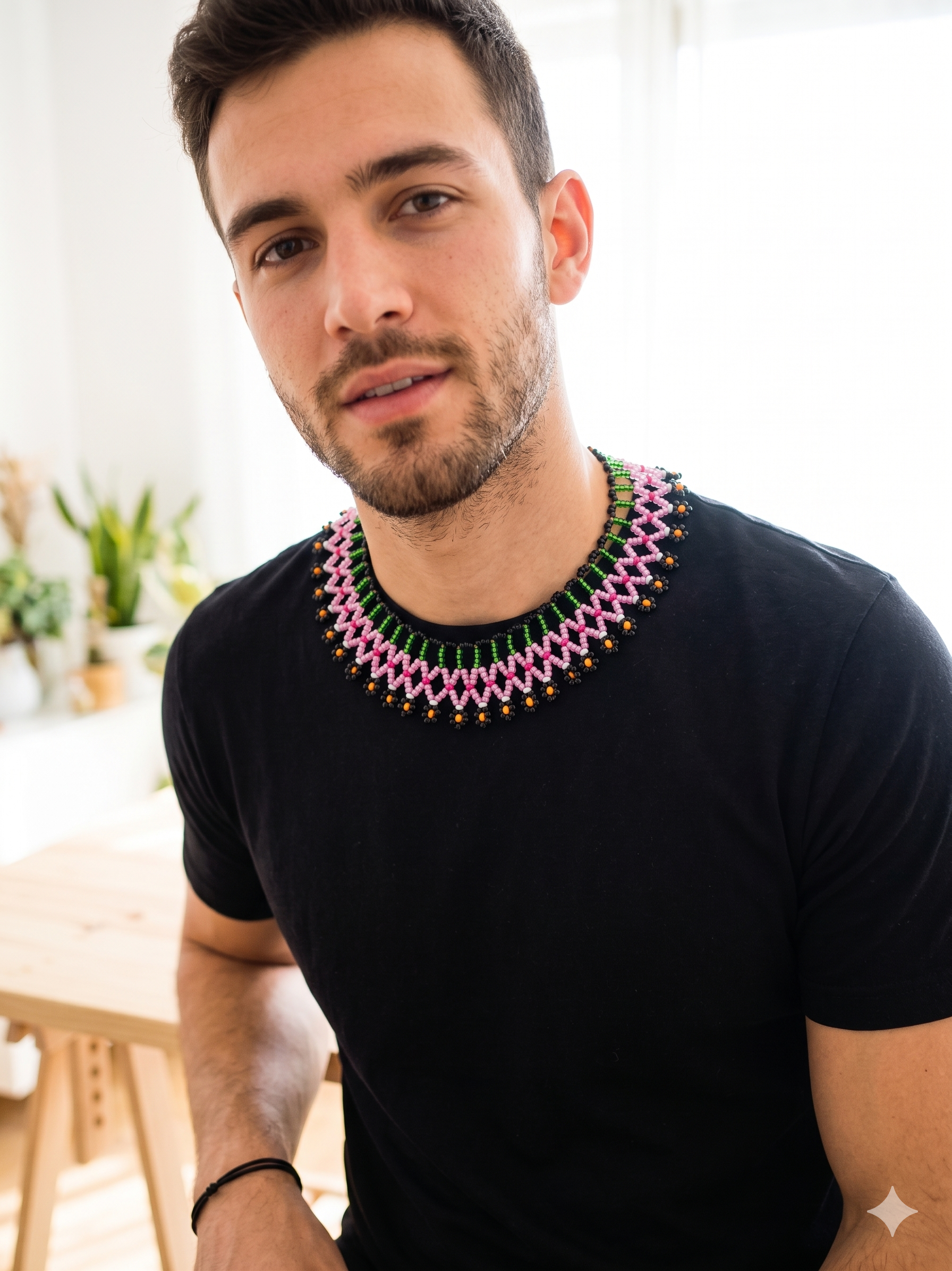 Handmade Beaded Choker Necklace with Multicolored Flowers and Fringe