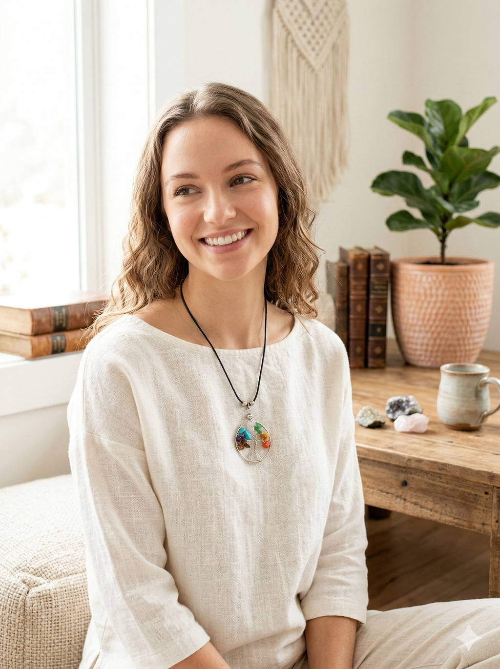 Tree of Life Necklace with 7 Chakras, Handmade with Natural Stone and Adjustable Thread