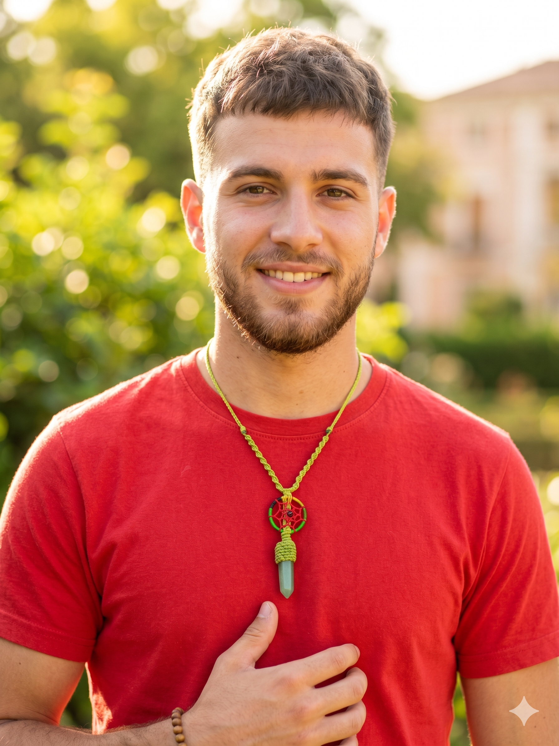 Handmade Macrame Dreamcatcher Necklace with Natural Green Stone