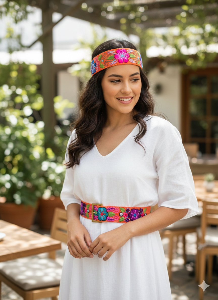 Hand-embroidered flower belt and headband set, handmade accessories