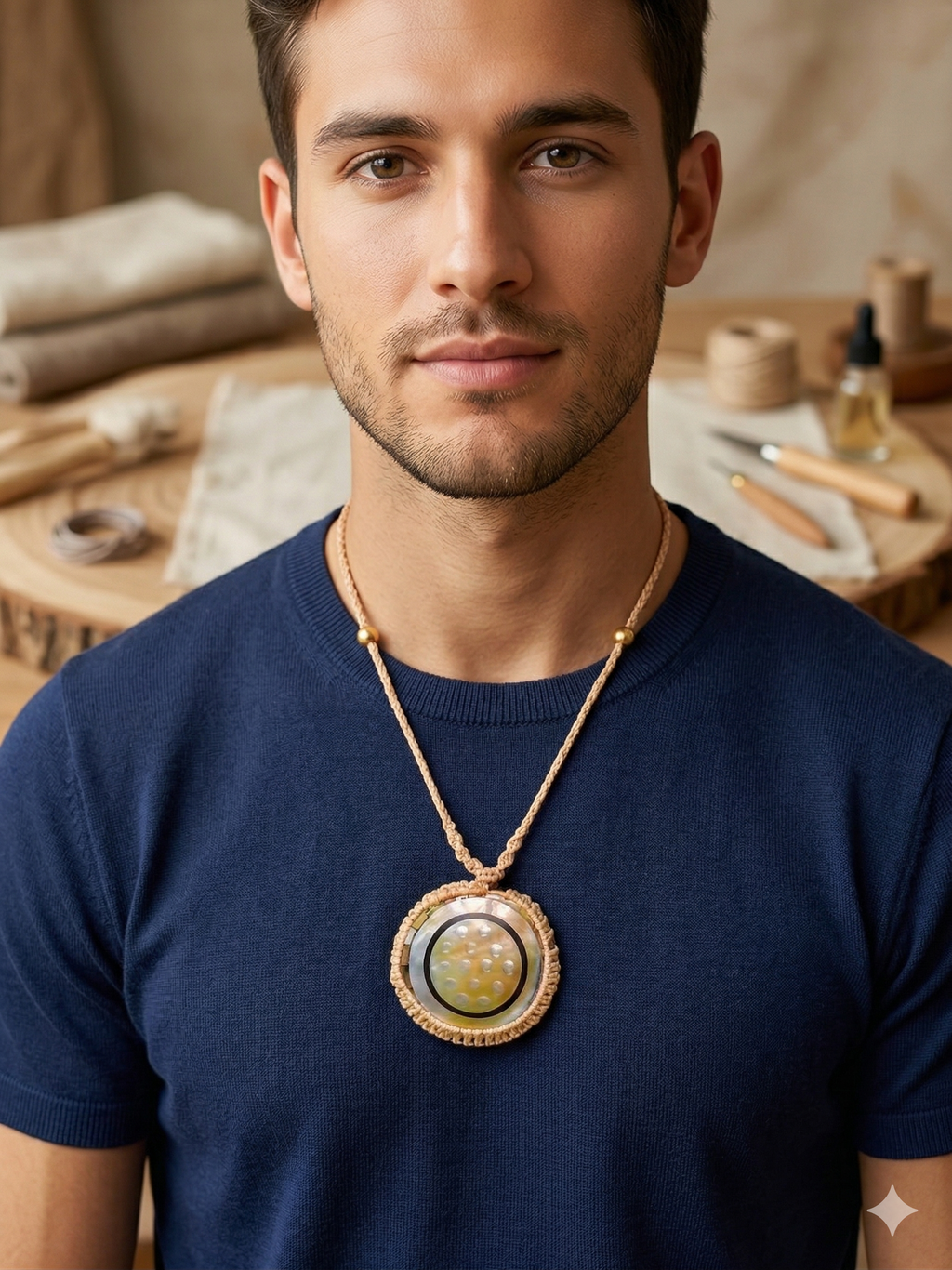 Handmade Macrame Necklace with Natural Mother-of-Pearl Circular Pendant