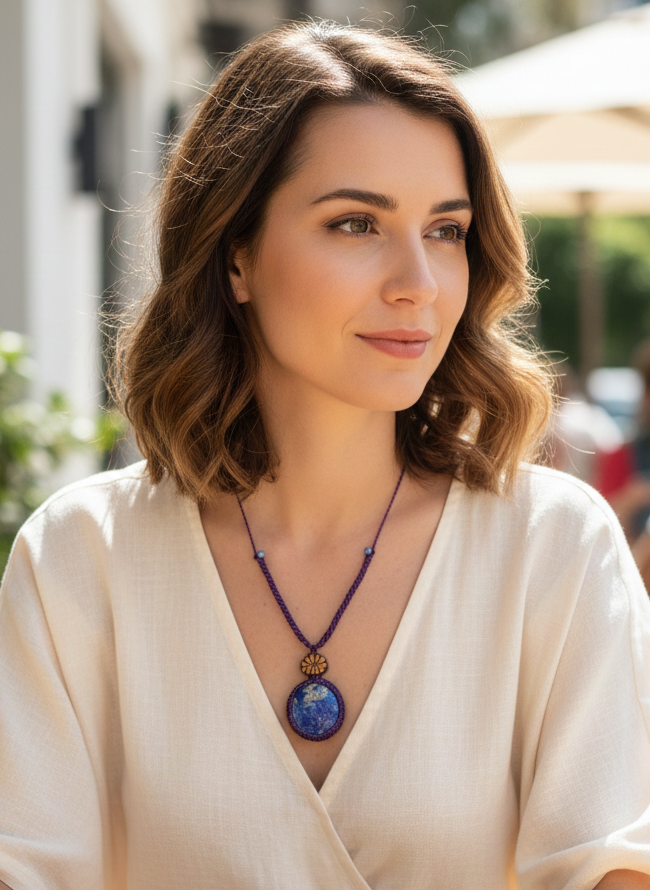 Handmade Macrame Necklace with Amethyst Flower, Ayahuasca Design, Sacred Geometry