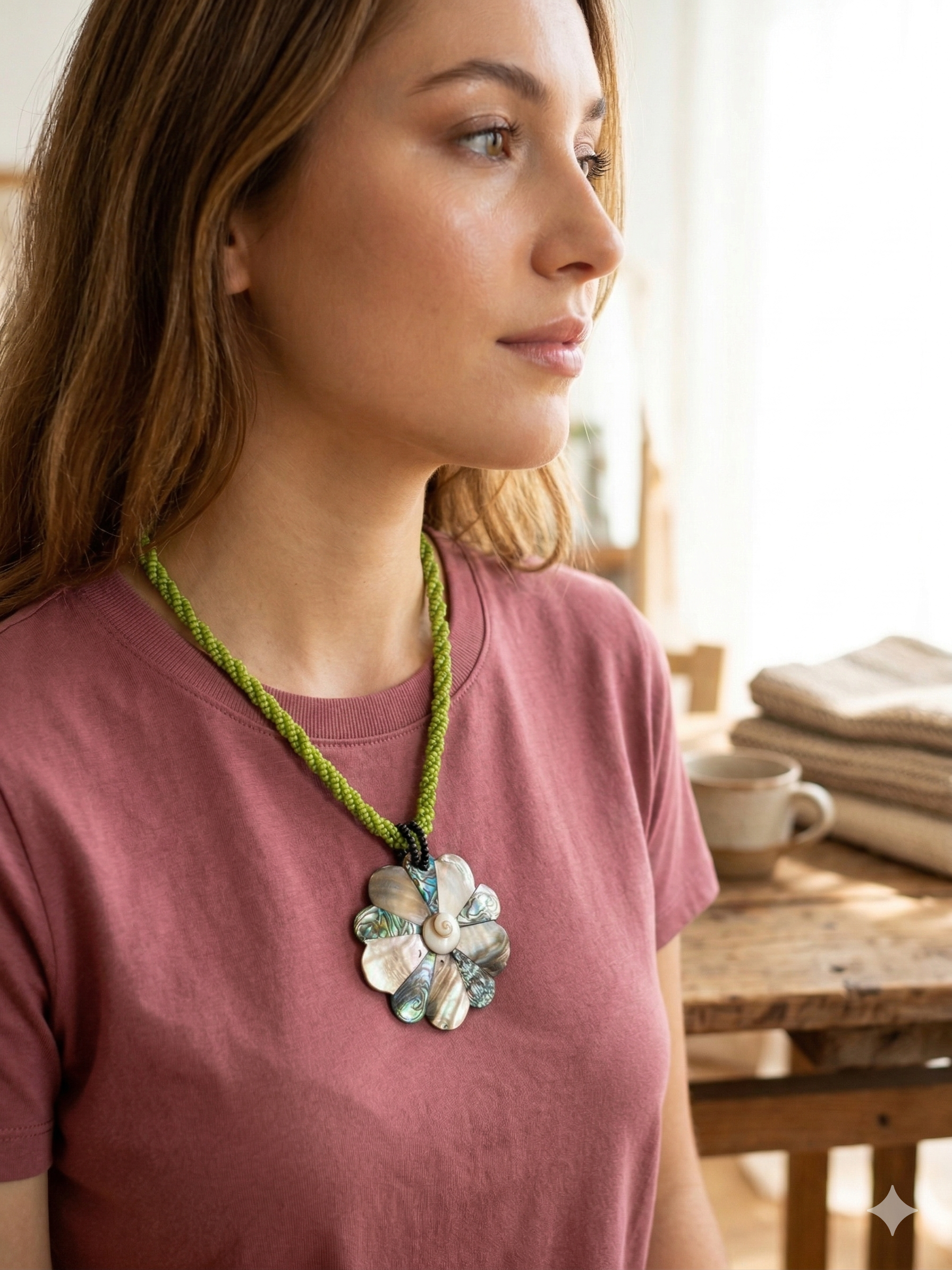 Handmade Flower Necklace Mother of Pearl Choker with Green Beads Peruvian Handicraft