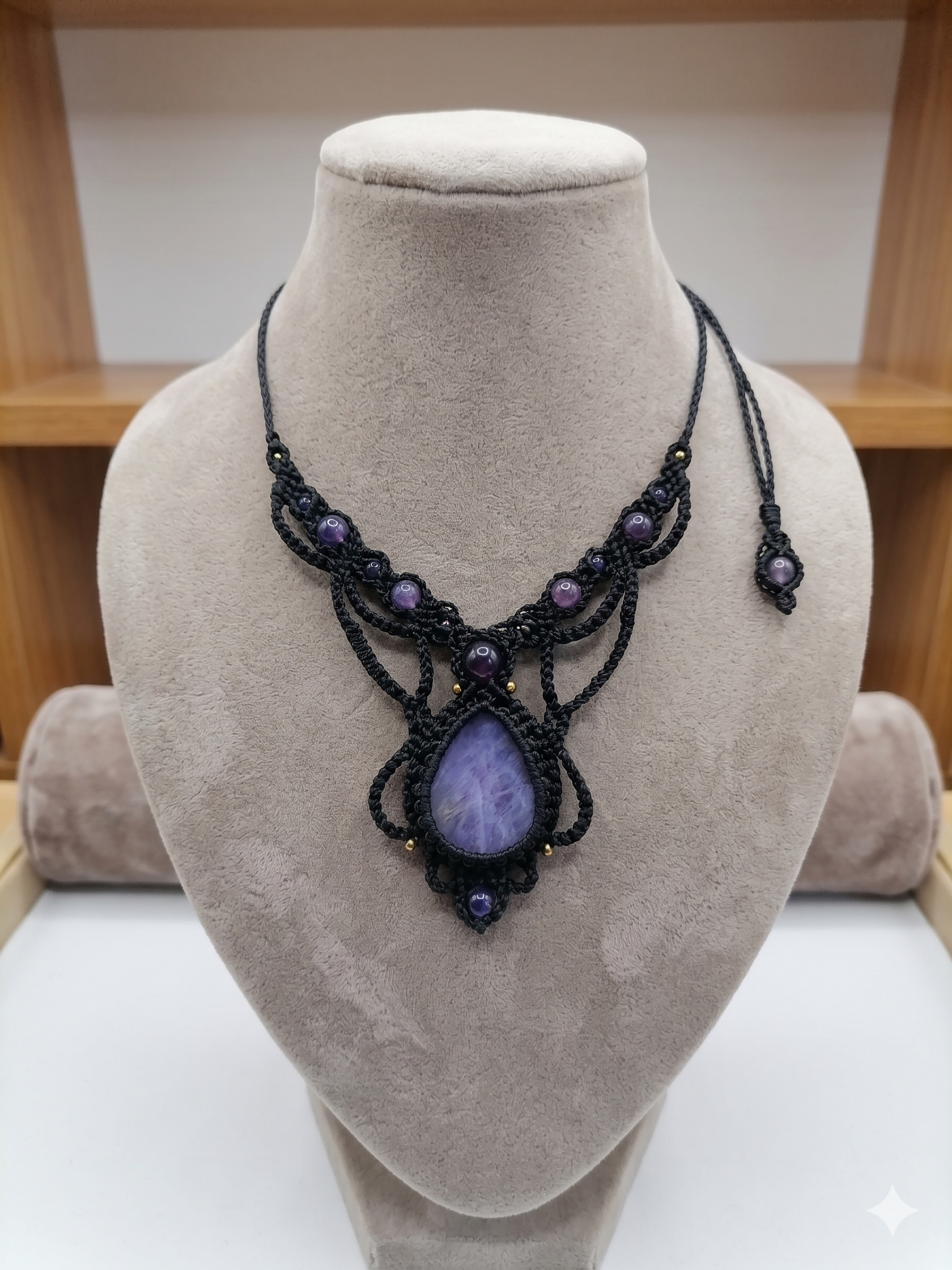 Macrame Necklace with Natural Amethyst Amulet for Protection
