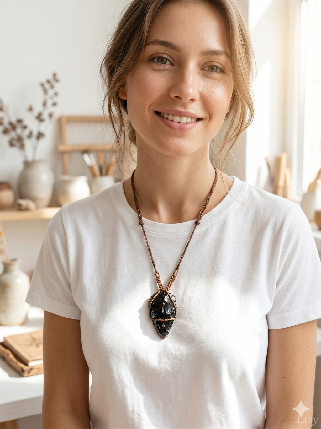 Natural Black Onyx Macrame Necklace, Spiritual Protection Amulet