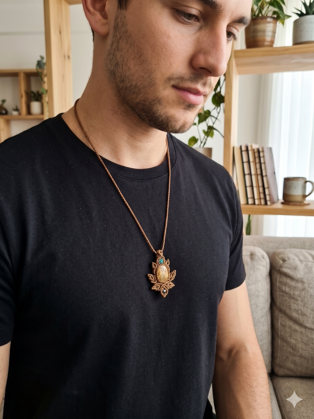Macrame Necklace Jasper Leopard Print Handmade Pendant