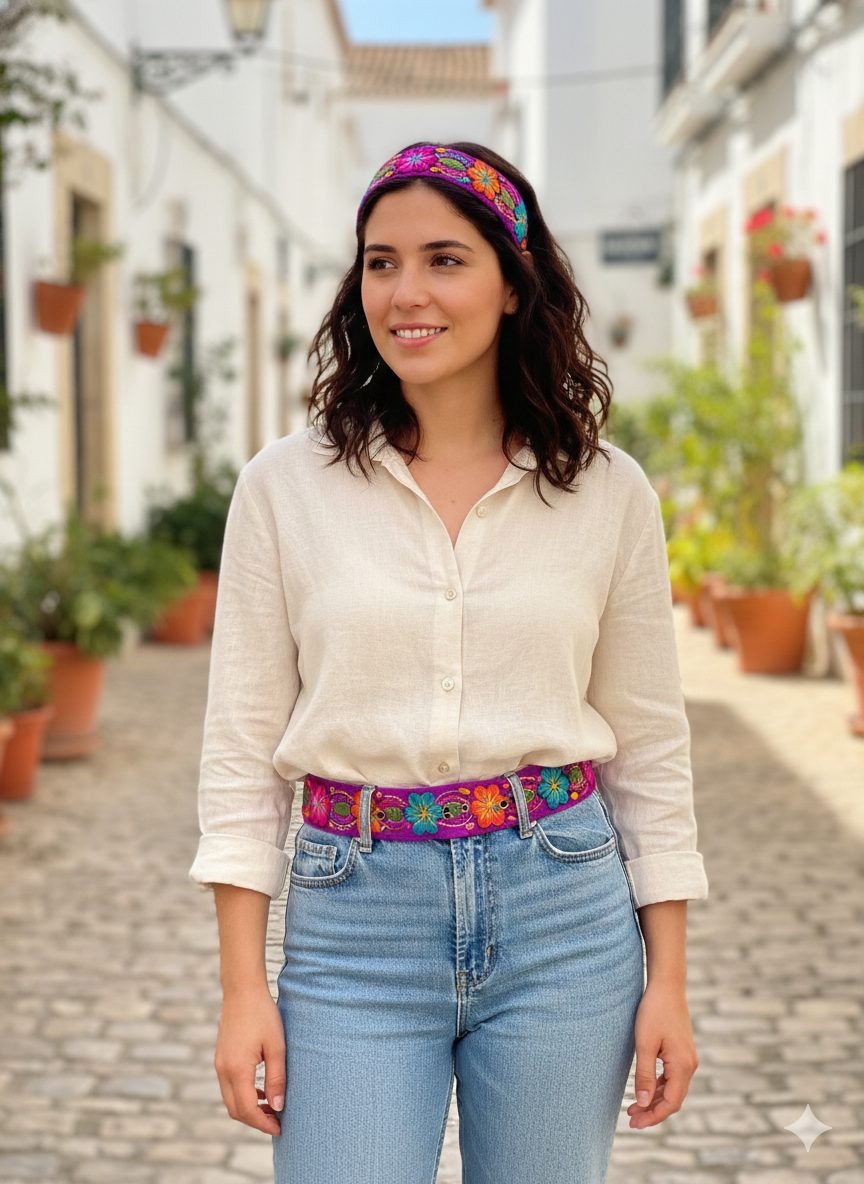 Handmade Floral Embroidered Headband Belt, Peruvian Craftsmanship, Cusco