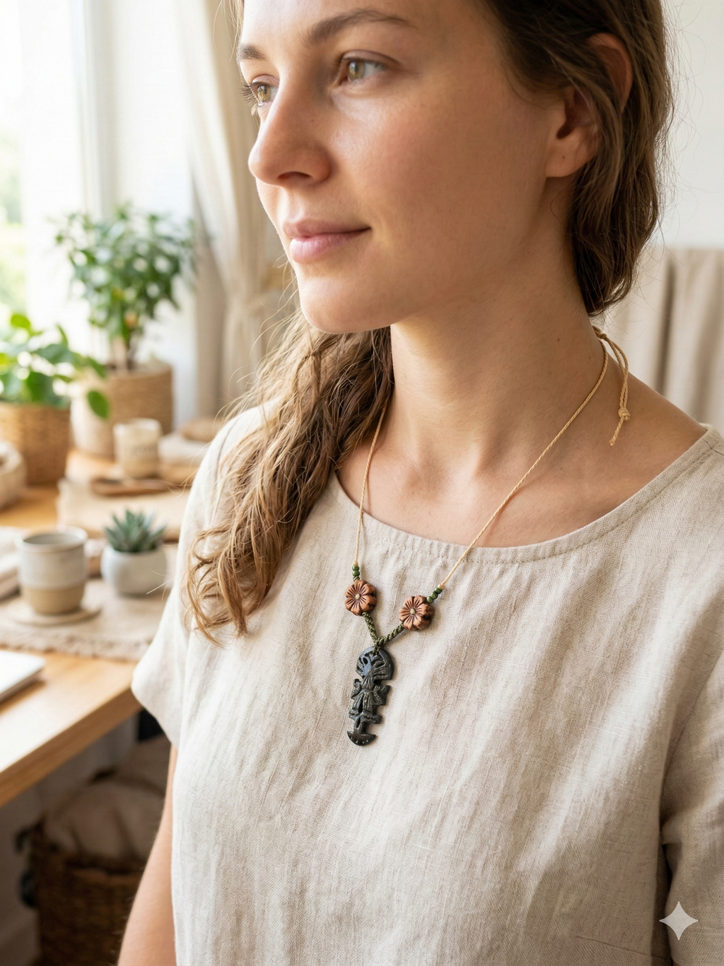 Handmade Necklace with Tumi Stone, Ayahuasca Flower, and Protective Amulet