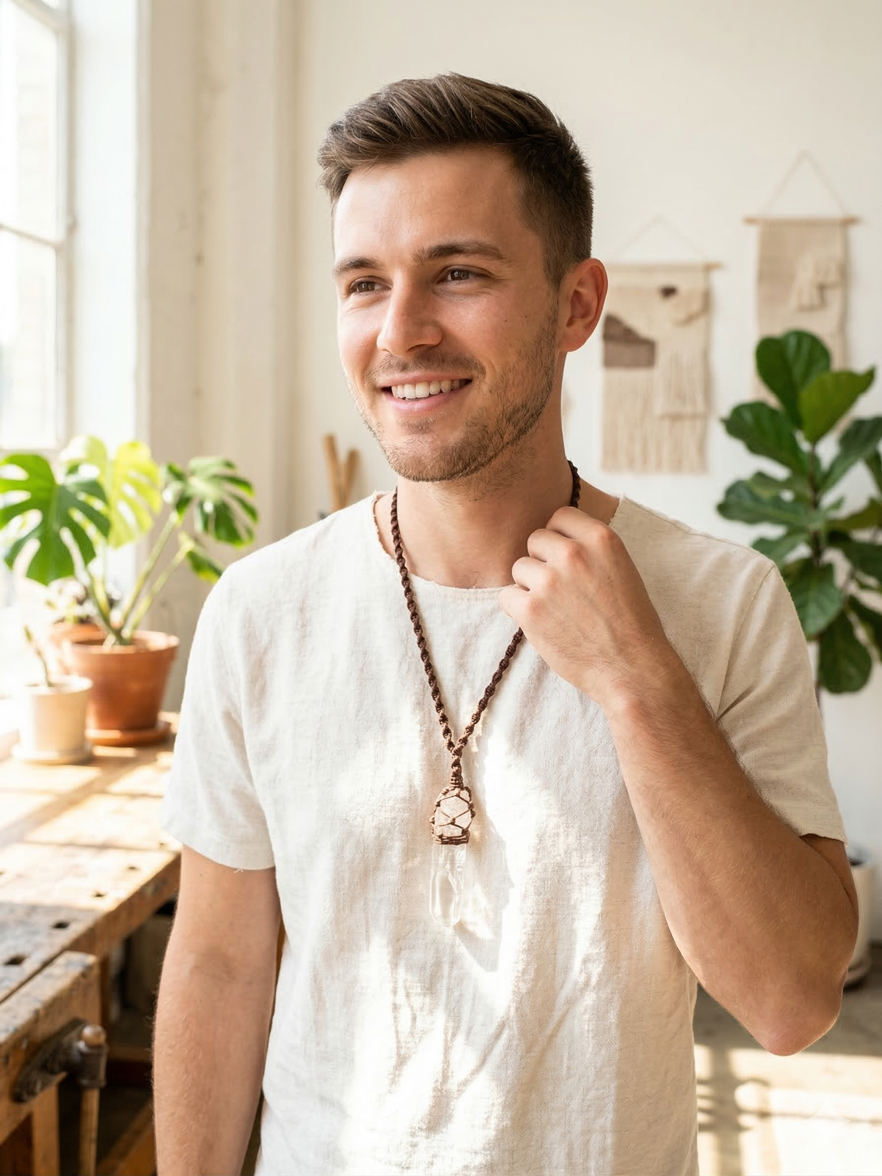 Natural Crystal Quartz Necklace, Handwoven Spiritual Macrame  Amulet