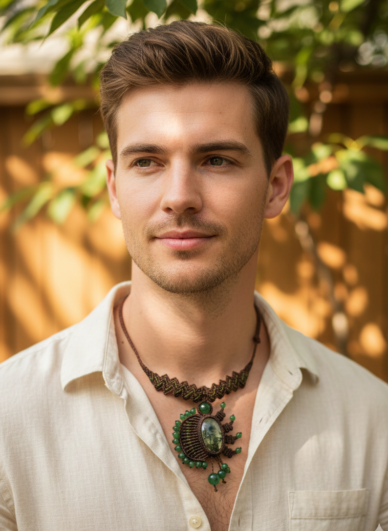 Handwoven Macrame Necklace with Natural Green Stones - Peruvian Craftsmanship