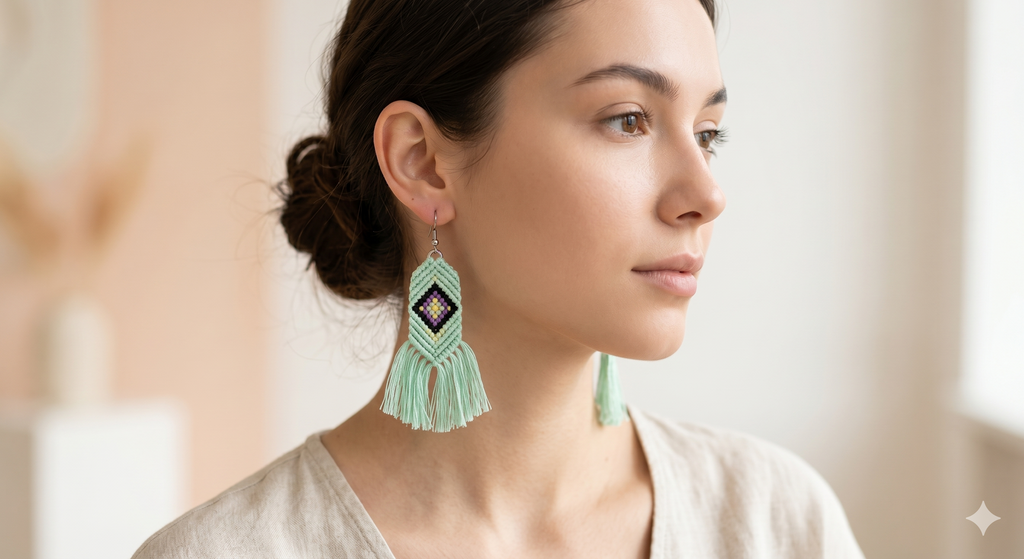 Macrame Fringe Earrings with Geometric Diamond Design