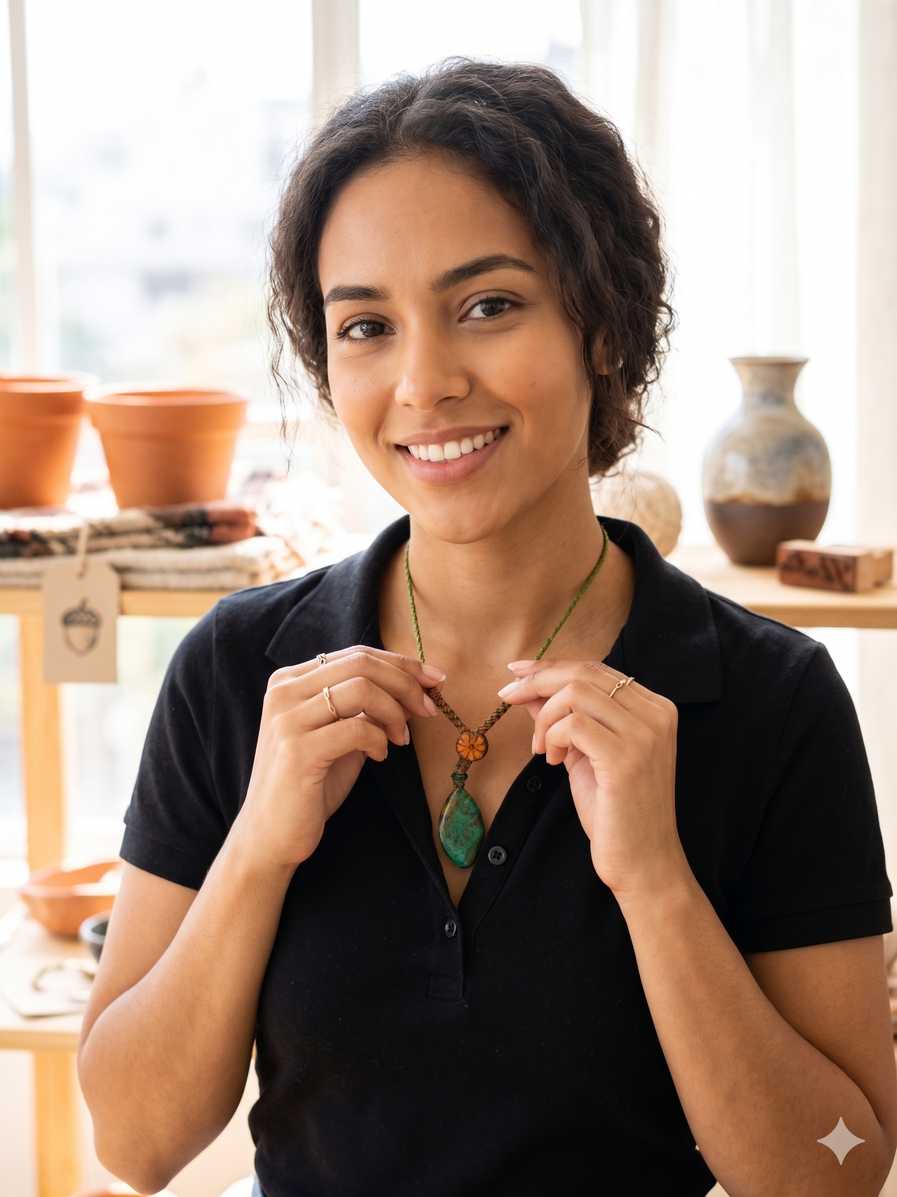 Macrame Necklace with Natural Serpentine Stone and Ayahuasca Flower.