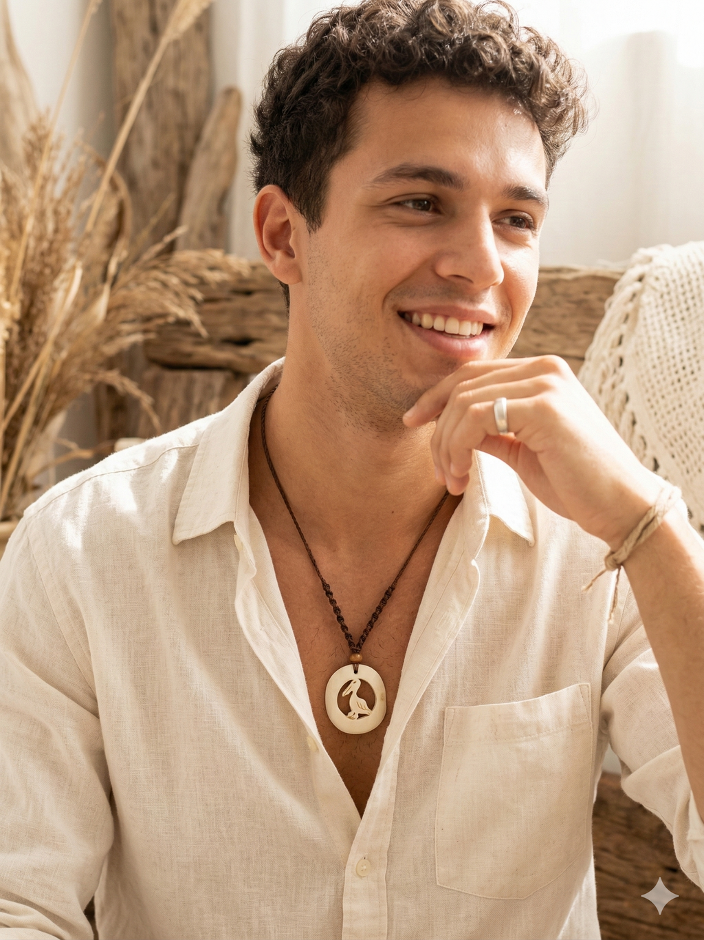Pelican Spirit Necklace, Hand-Carved Natural Macrame