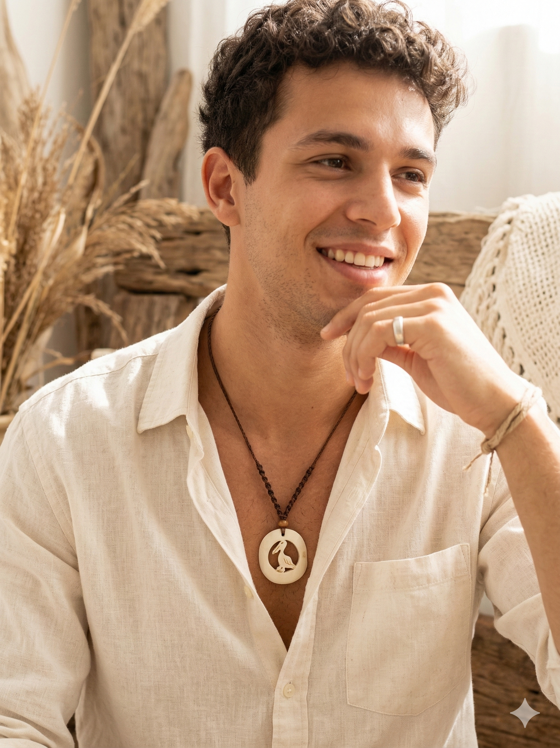 Pelican Spirit Necklace, Hand-Carved Natural Macrame