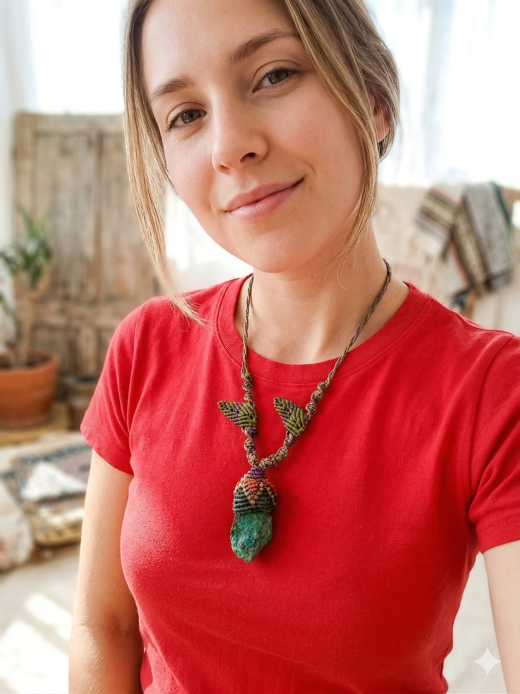 Handmade Macrame Necklace Turquoise Woven Leaves Spiritual Amulet