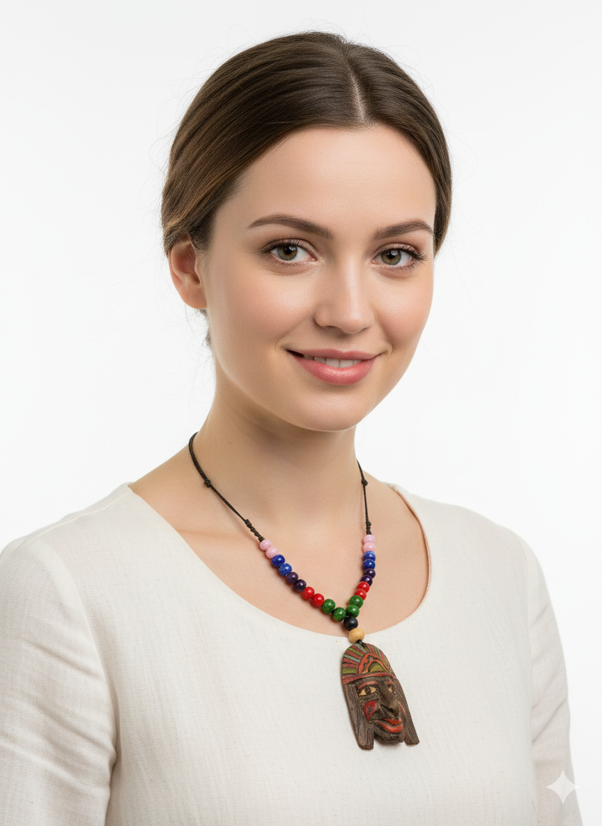 Hand-Carved Inca Face Wooden Necklace - Artisan Beaded Tribal Jewelry