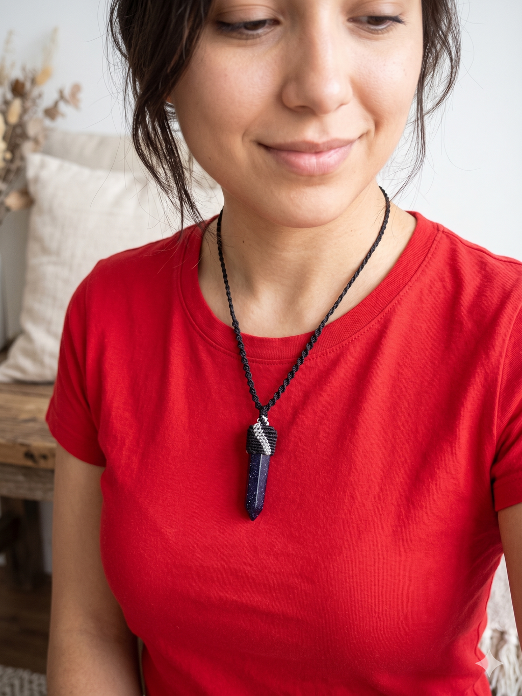Handmade Macrame Necklace with Rainstone, Night Spiritual Amulet