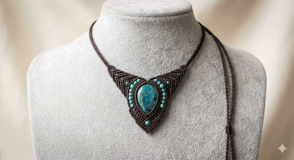 Natural Turquoise Macrame Necklace, Spiritual Protection Amulet, Handmade