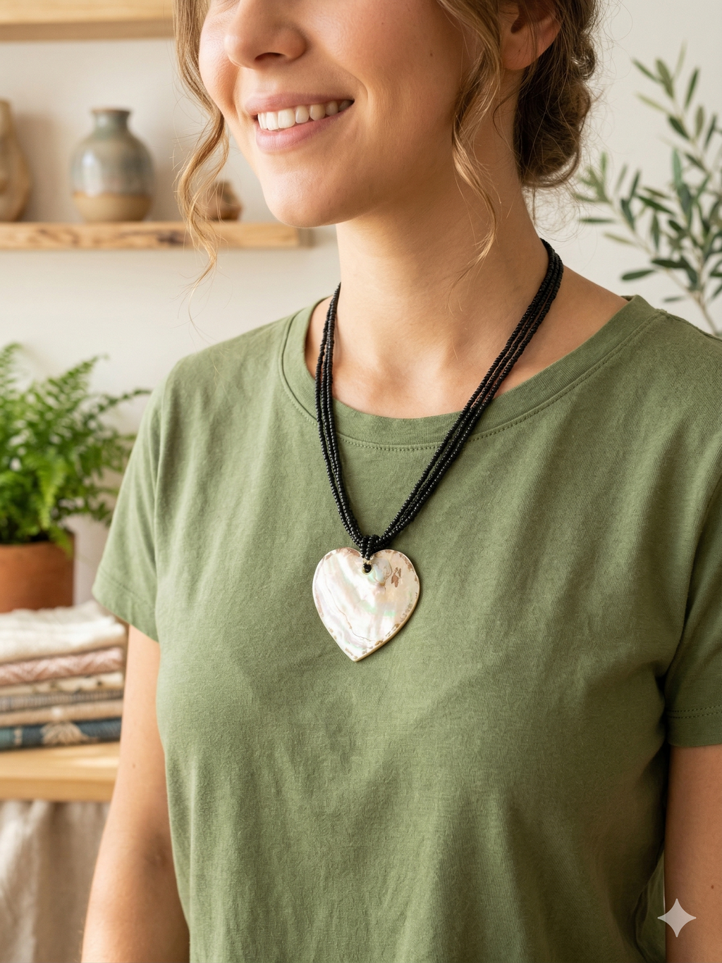 Handmade Mother-of-Pearl Heart Necklace Choker with Beads and Natural Shell Pendant