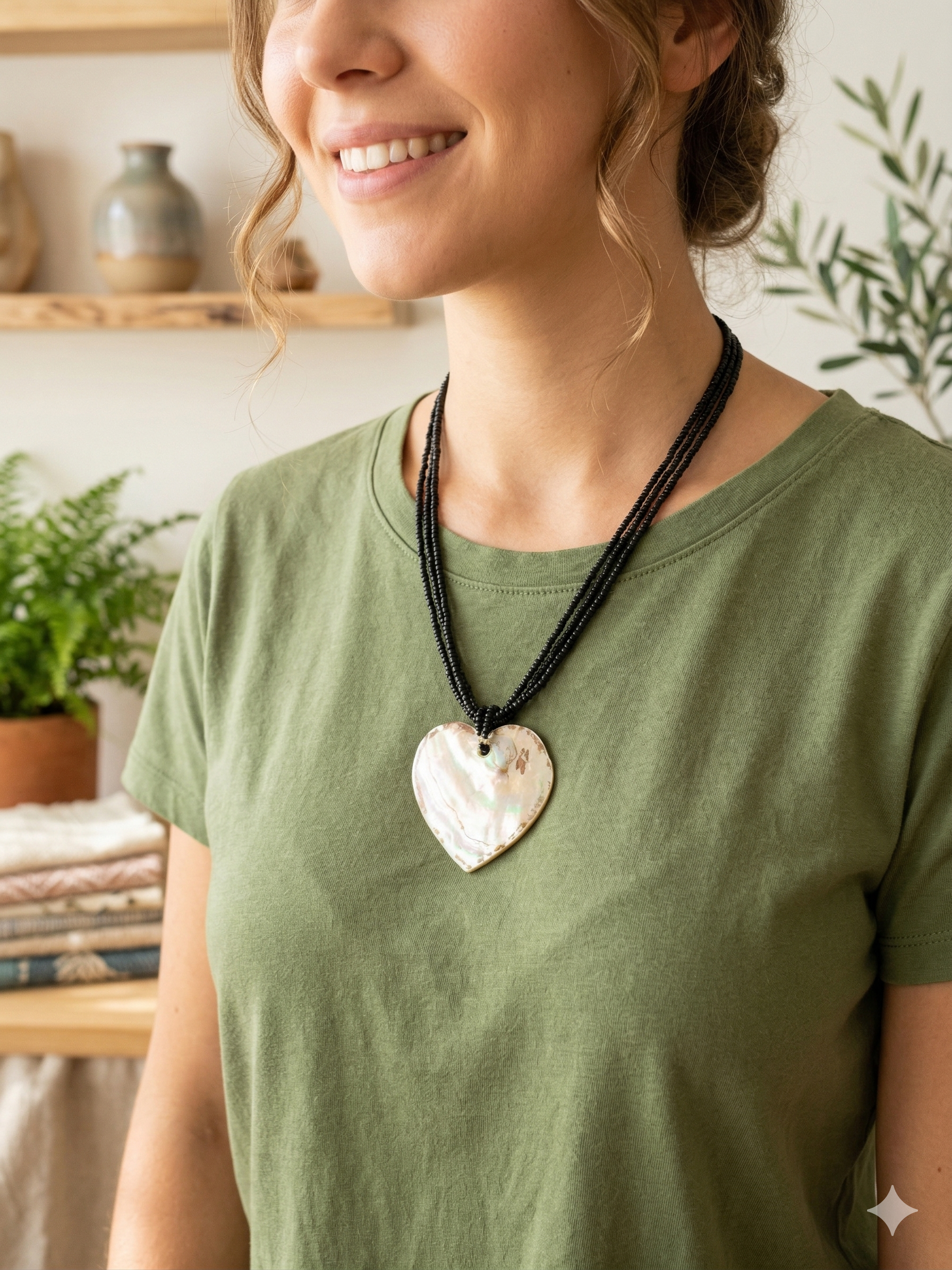 Handmade Mother-of-Pearl Heart Necklace Choker with Beads and Natural Shell Pendant