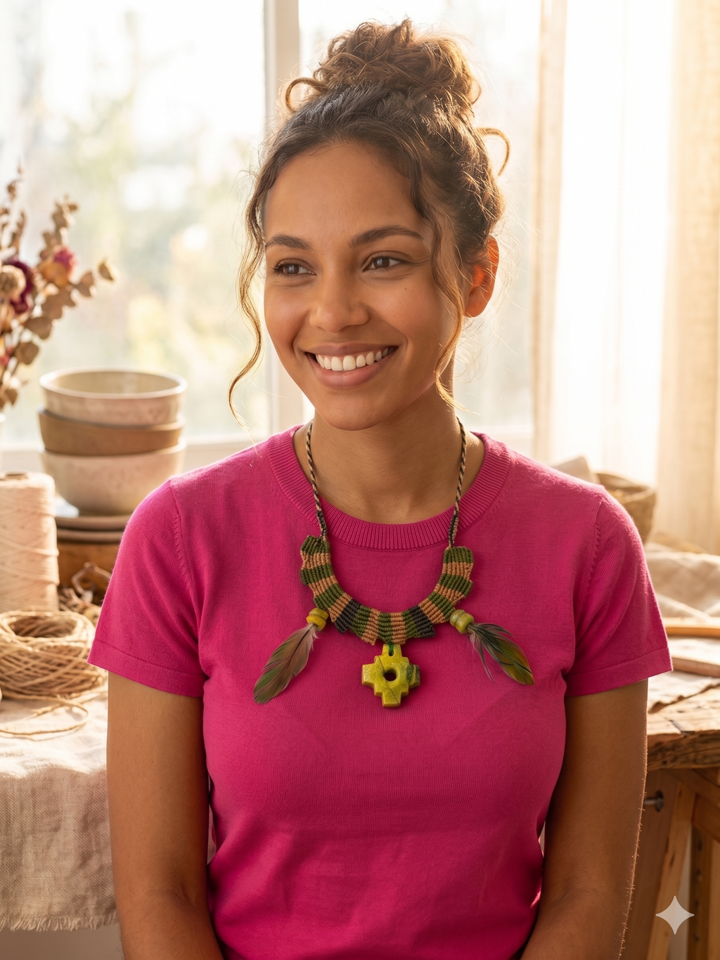 Macrame Necklace Hand Woven Chakana Natural Stone Amulet