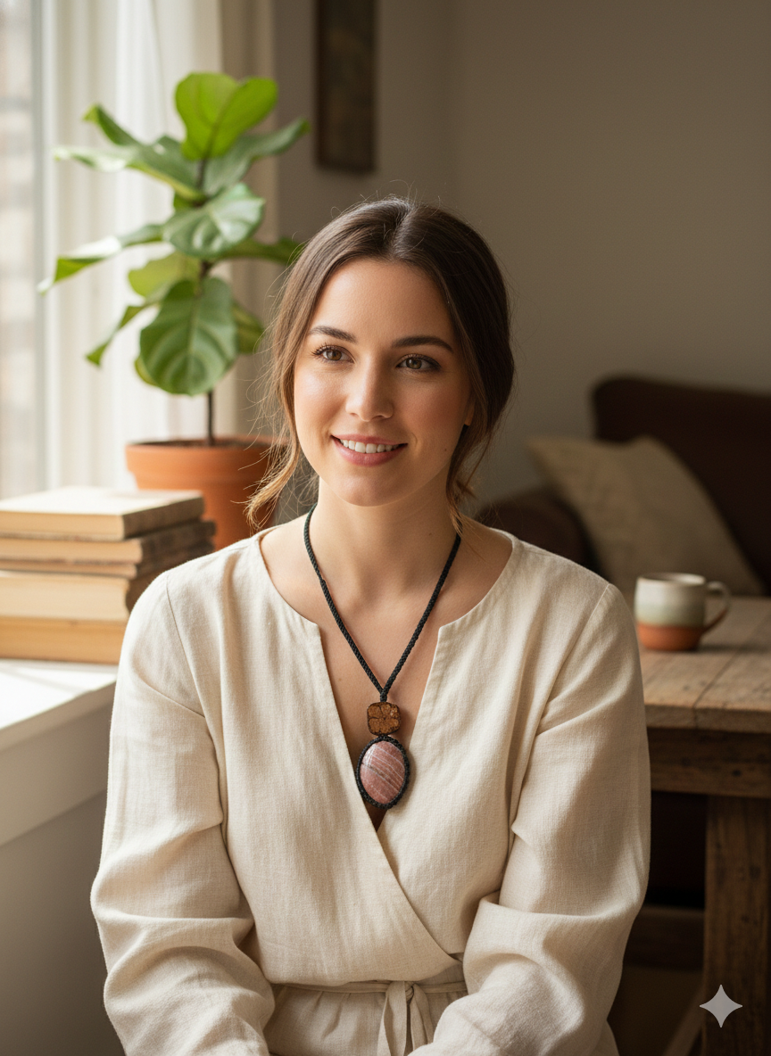 Handmade Natural Stone Necklace, Ayahuasca Flower, Adjustable Macrame Cord