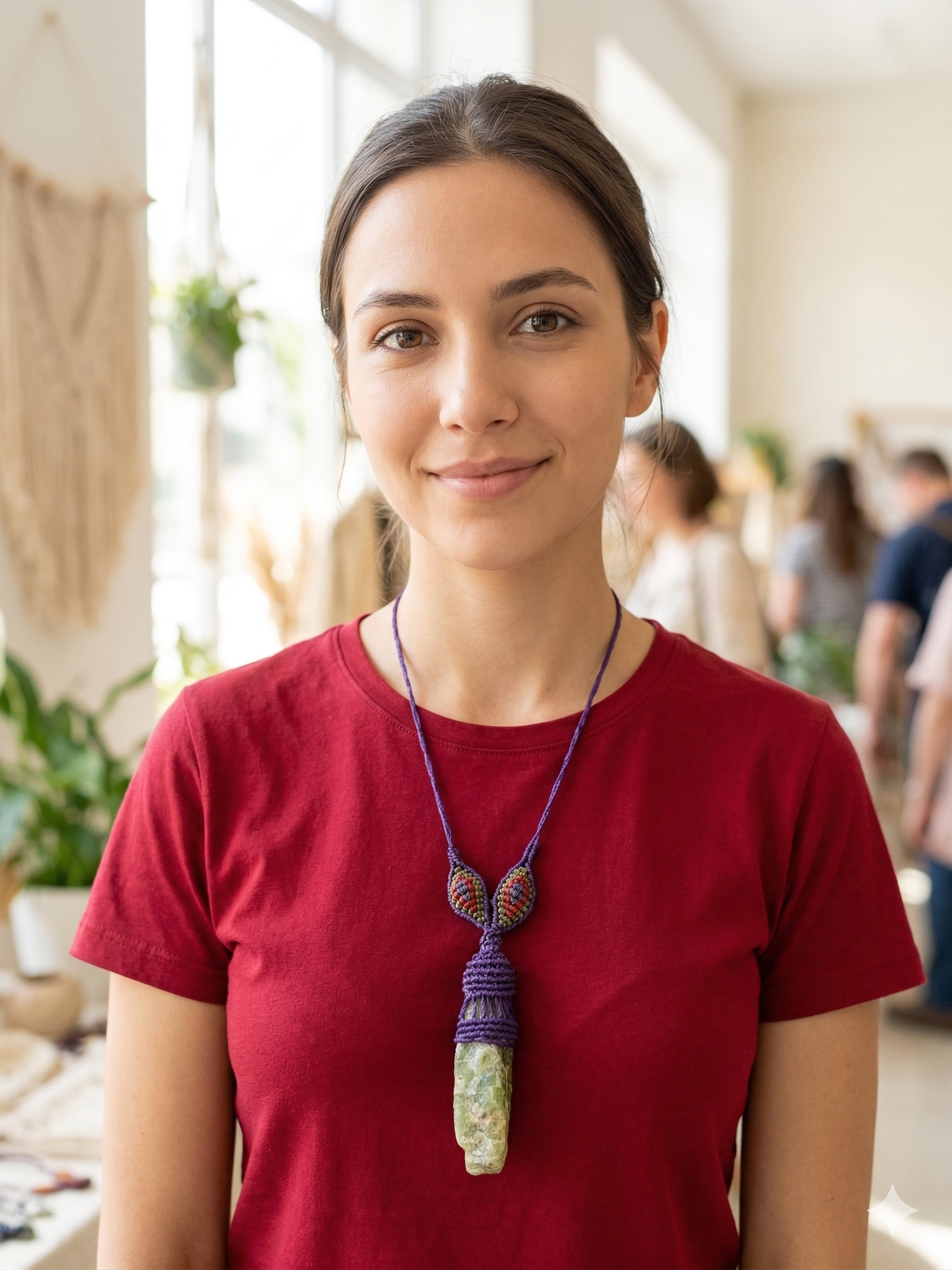 Macrame Necklace with Natural Green Stone, Hand-Woven Spiritual Amulet