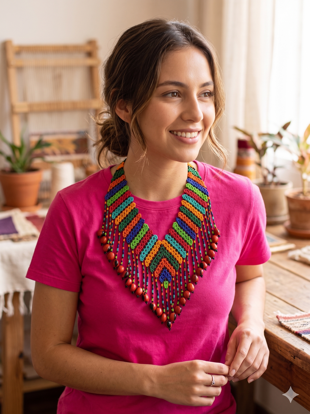Handmade Necklace with Multicolored Beads and Huayruro Seeds Geometric Design