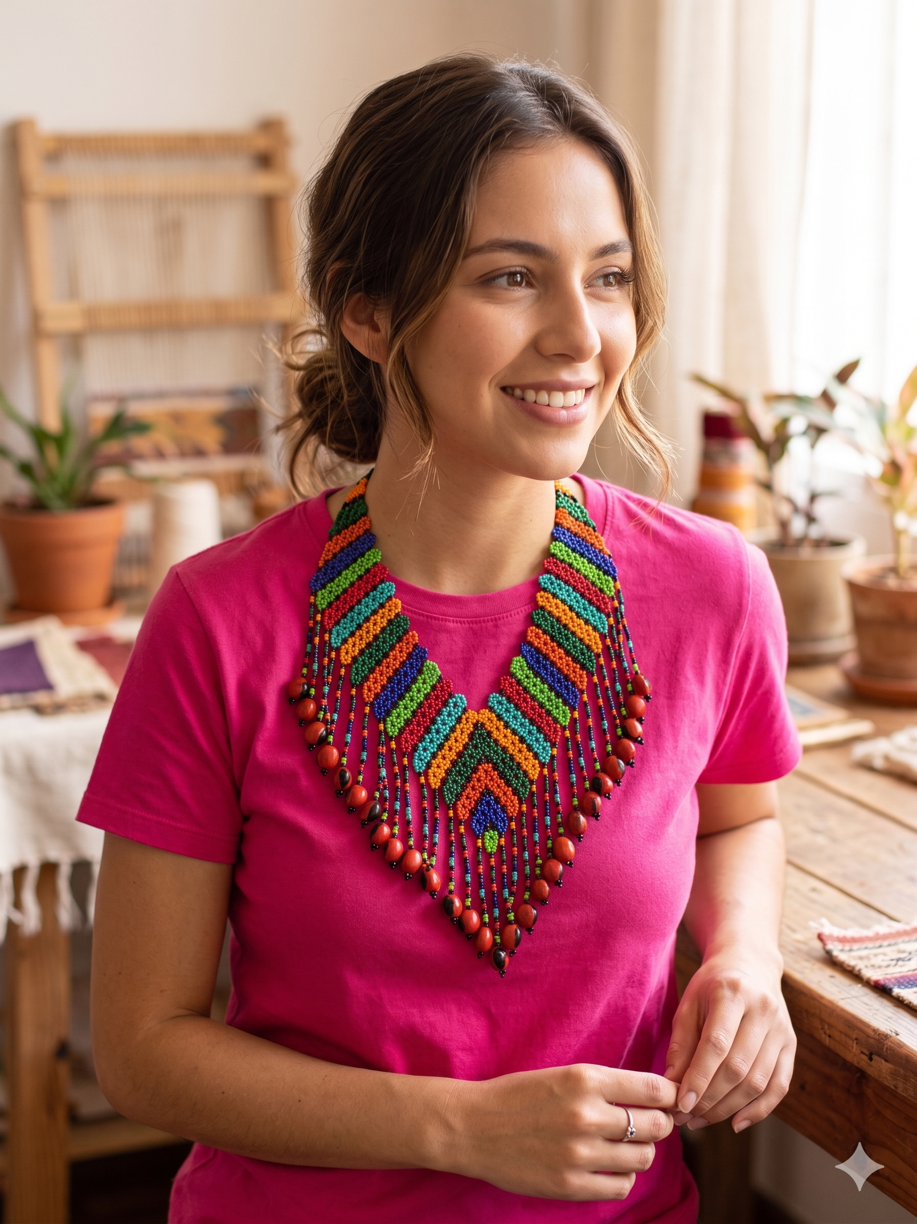 Handmade Necklace with Multicolored Beads and Huayruro Seeds Geometric Design