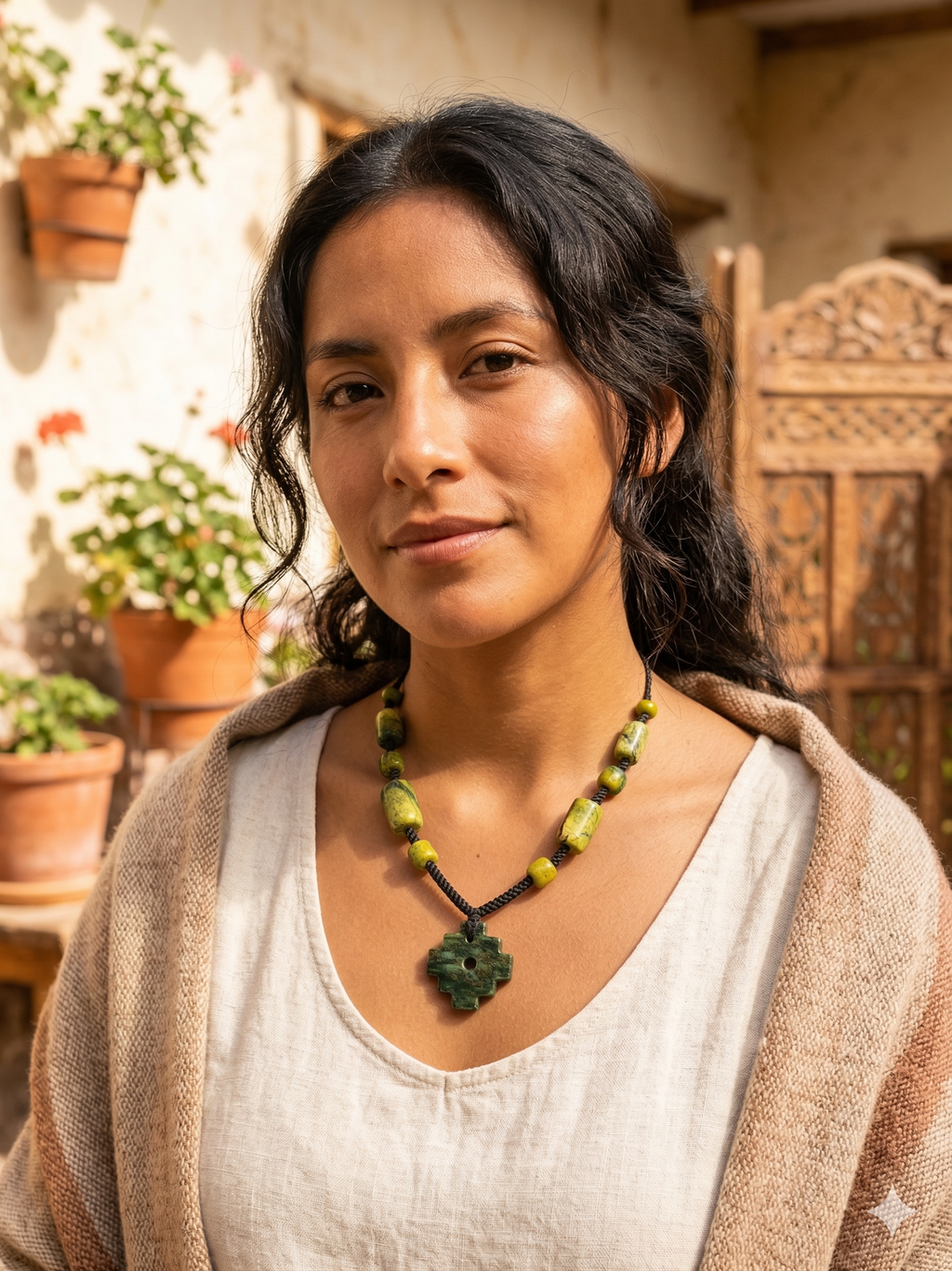 Inca Chakana Necklace, Peruvian Natural Serpent Stone, Protection Amulet