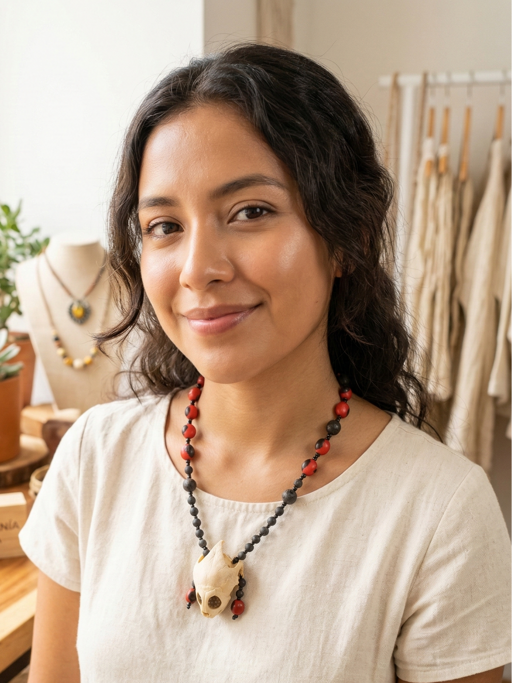 Handmade Necklace with Huayruro Seeds and a Protective Turtle Skull