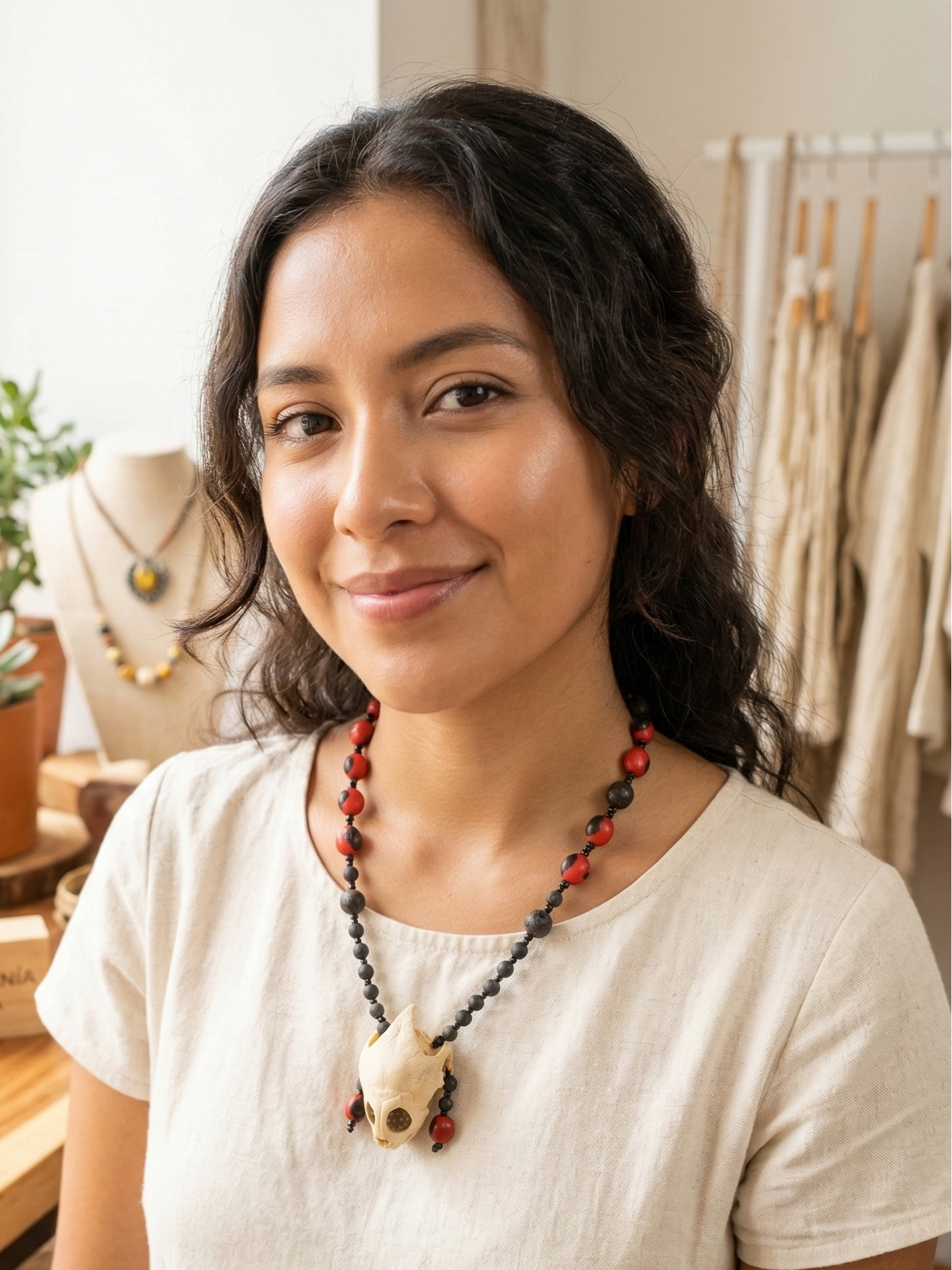 Handmade Necklace with Huayruro Seeds and a Protective Turtle Skull
