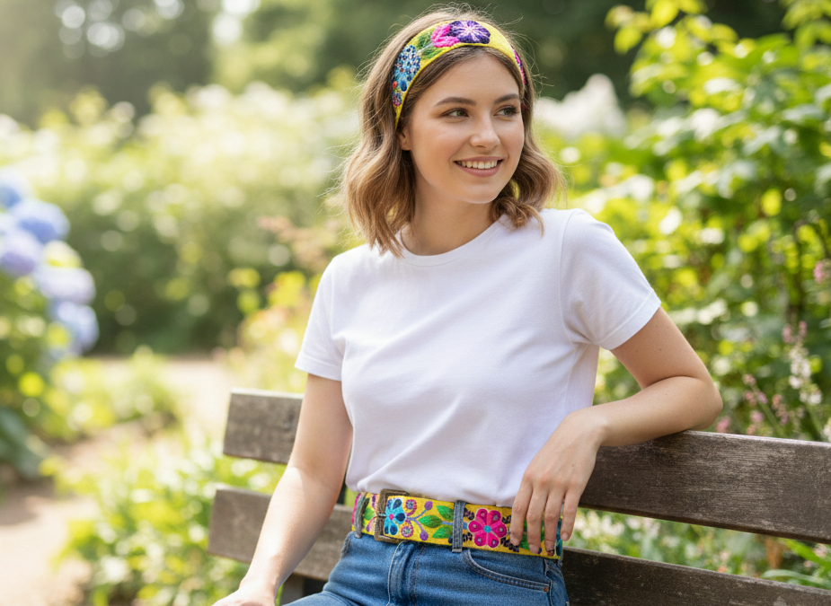 Handmade Peruvian Floral Embroidered Headband Belt