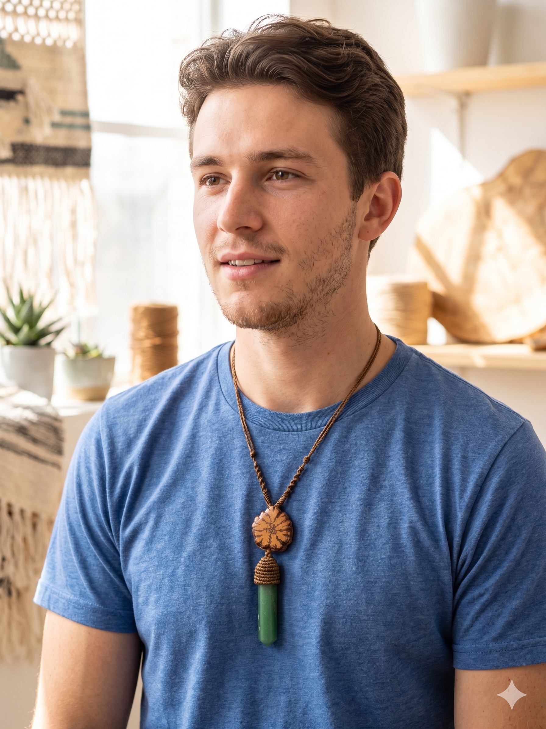 Handmade Macrame Necklace with Natural Green Stone and Ayahuasca Flower