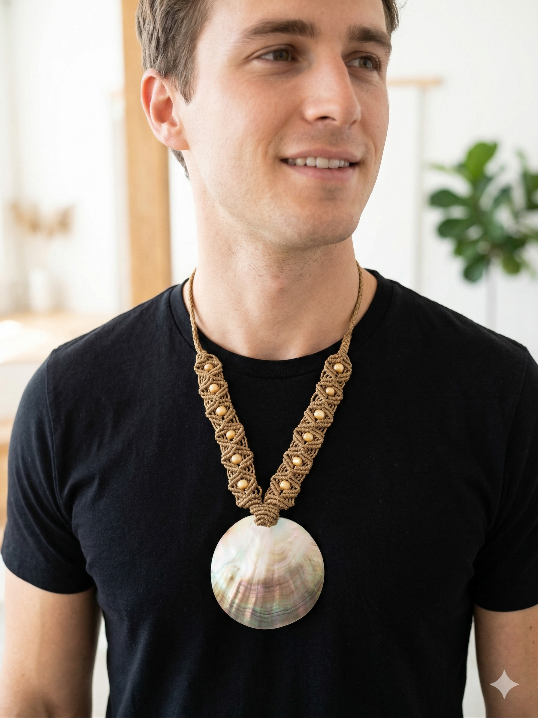 Macrame Necklace with Natural Mother-of-Pearl, Handmade Spiritual Amulet