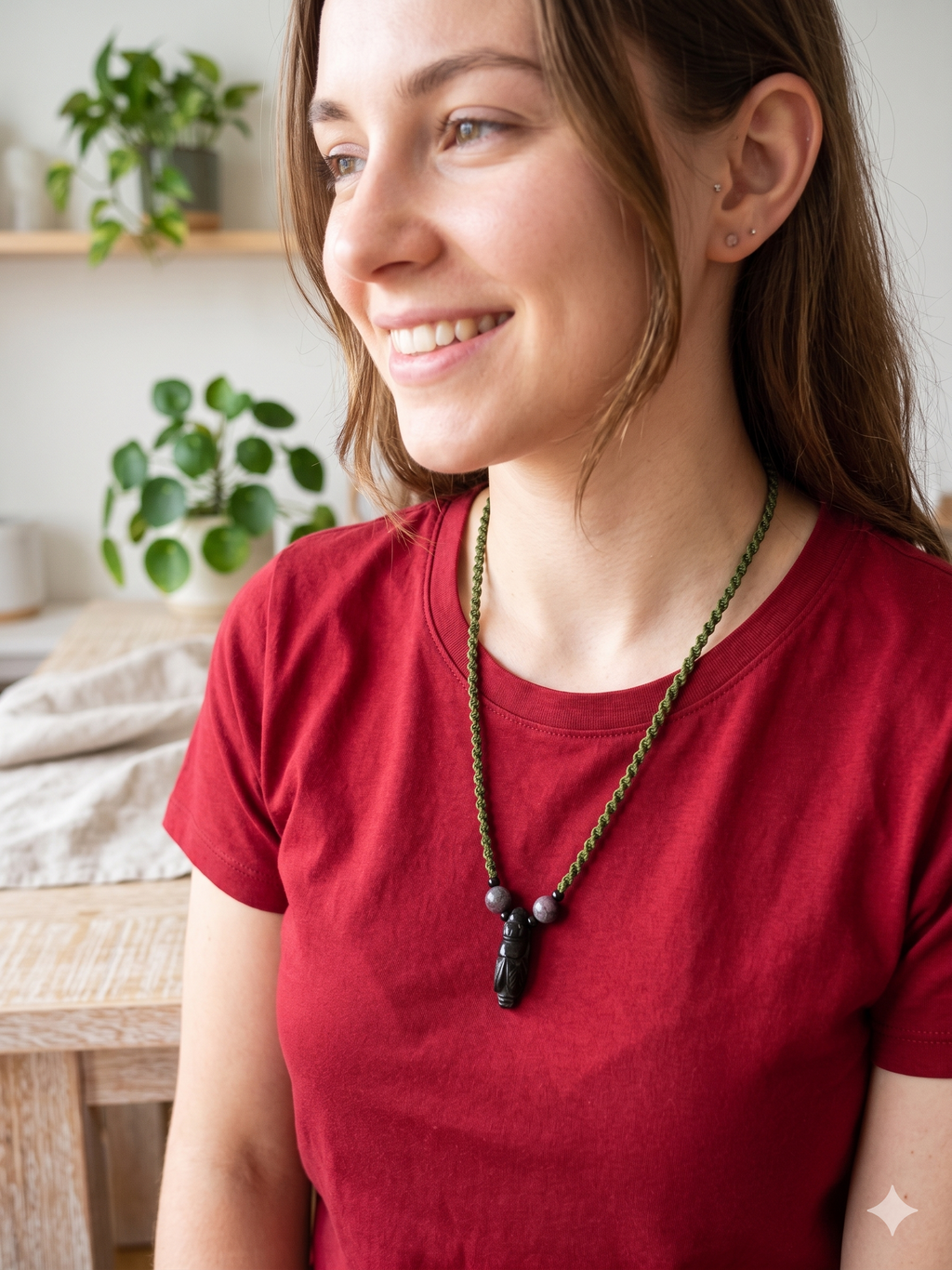 Inca Macrame Necklace Pendant with Hand-Carved Black Stone