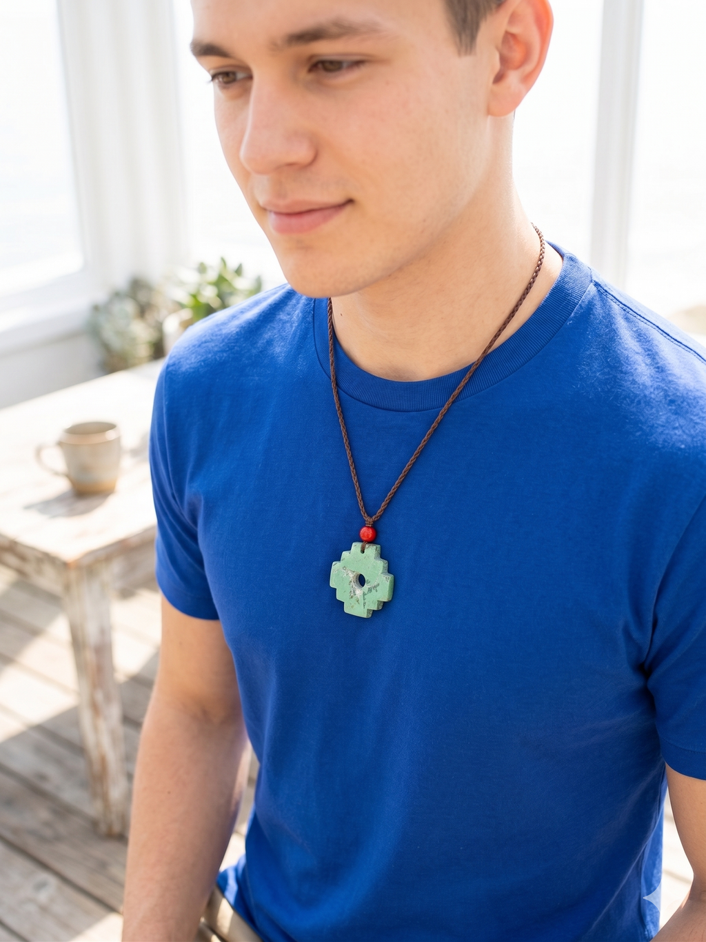 Chakana Inca Necklace with Natural Stone, Woven Andean Cross, Macrame