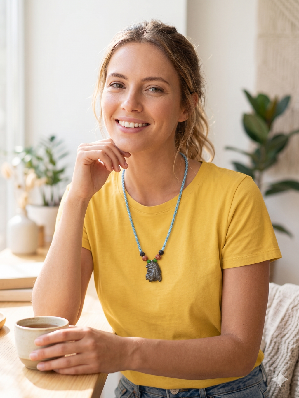 Macrame Necklace with Ancestral Face Carved Stone Pendant