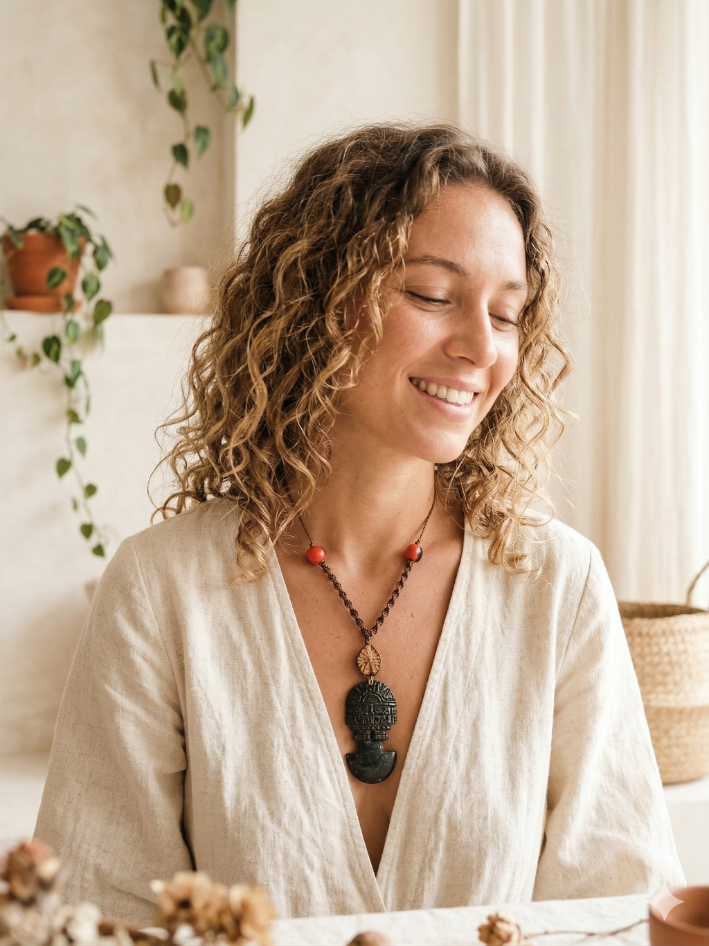 Tumi Necklace, Carved Stone, Macrame Weaving, Symbol of Protection and Luck