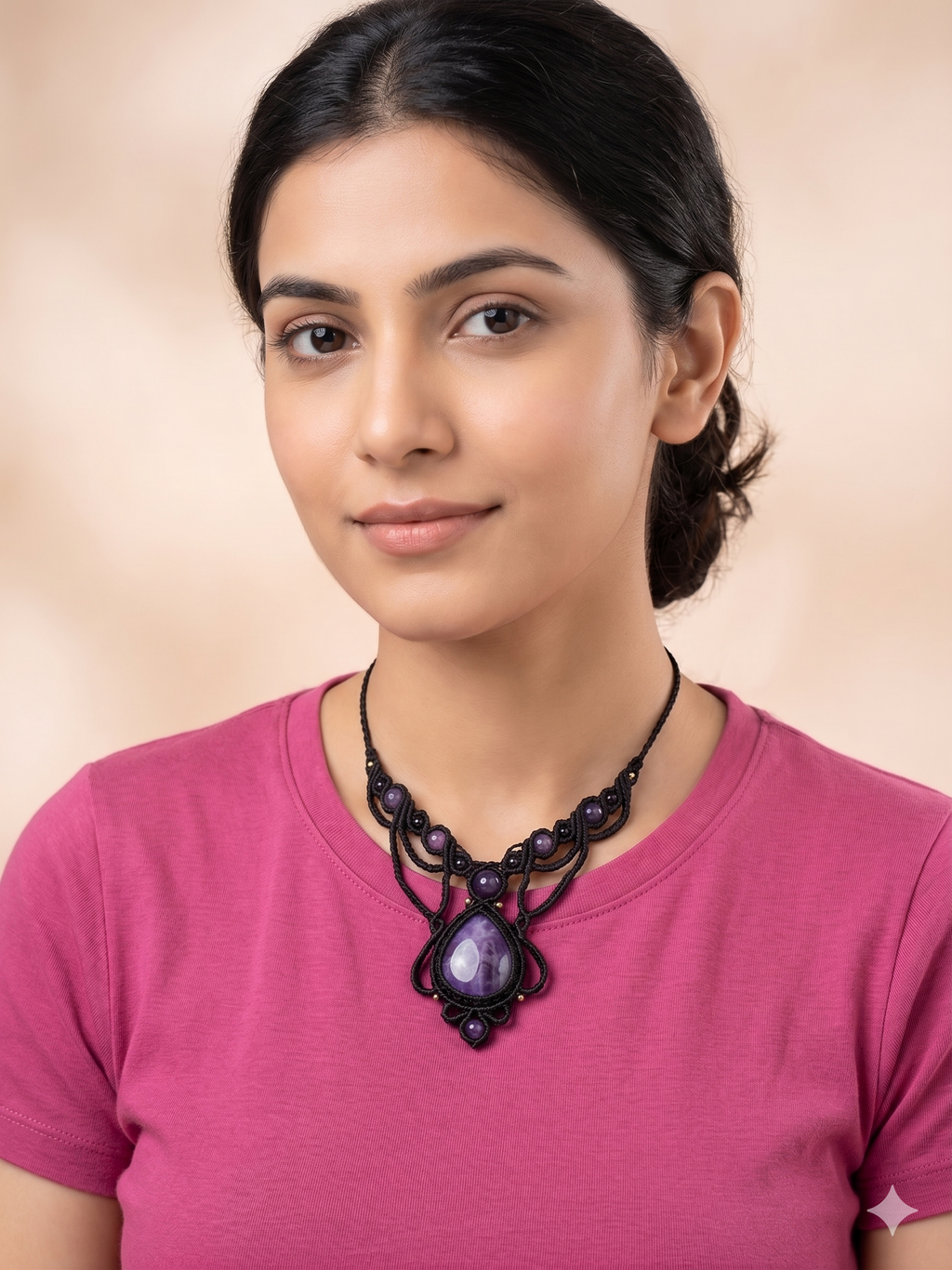 Macrame Necklace with Natural Amethyst Amulet for Protection